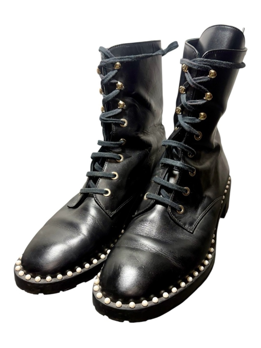 STUART WEITZMAN Sondra Black Leather Pearl-Trim Lace-Up Combat Boot - Picture 2 of 10
